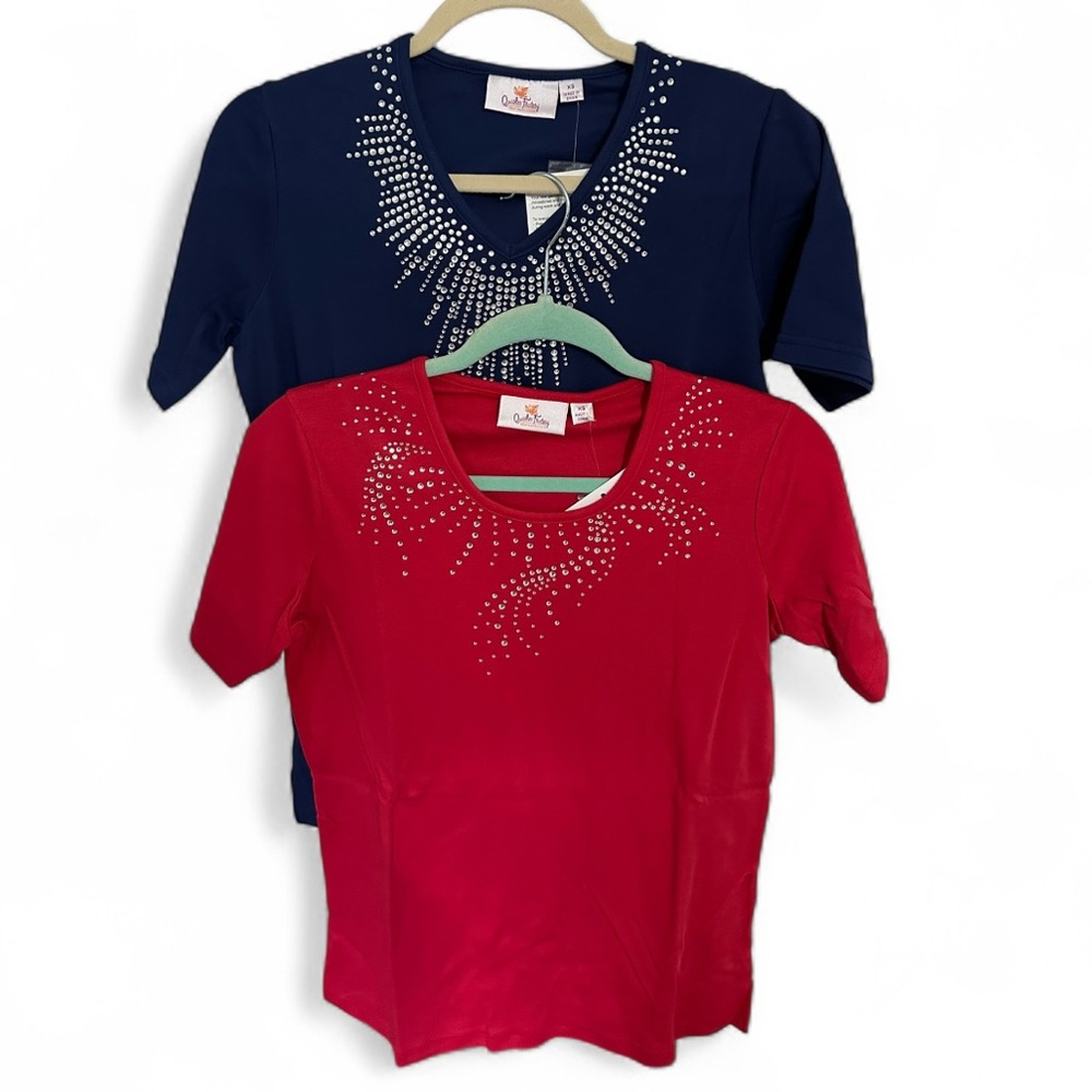 Quacker Factory Set of 2 Red and Navy Rhinestone Short Sleeve Tees QVC Sz XS New